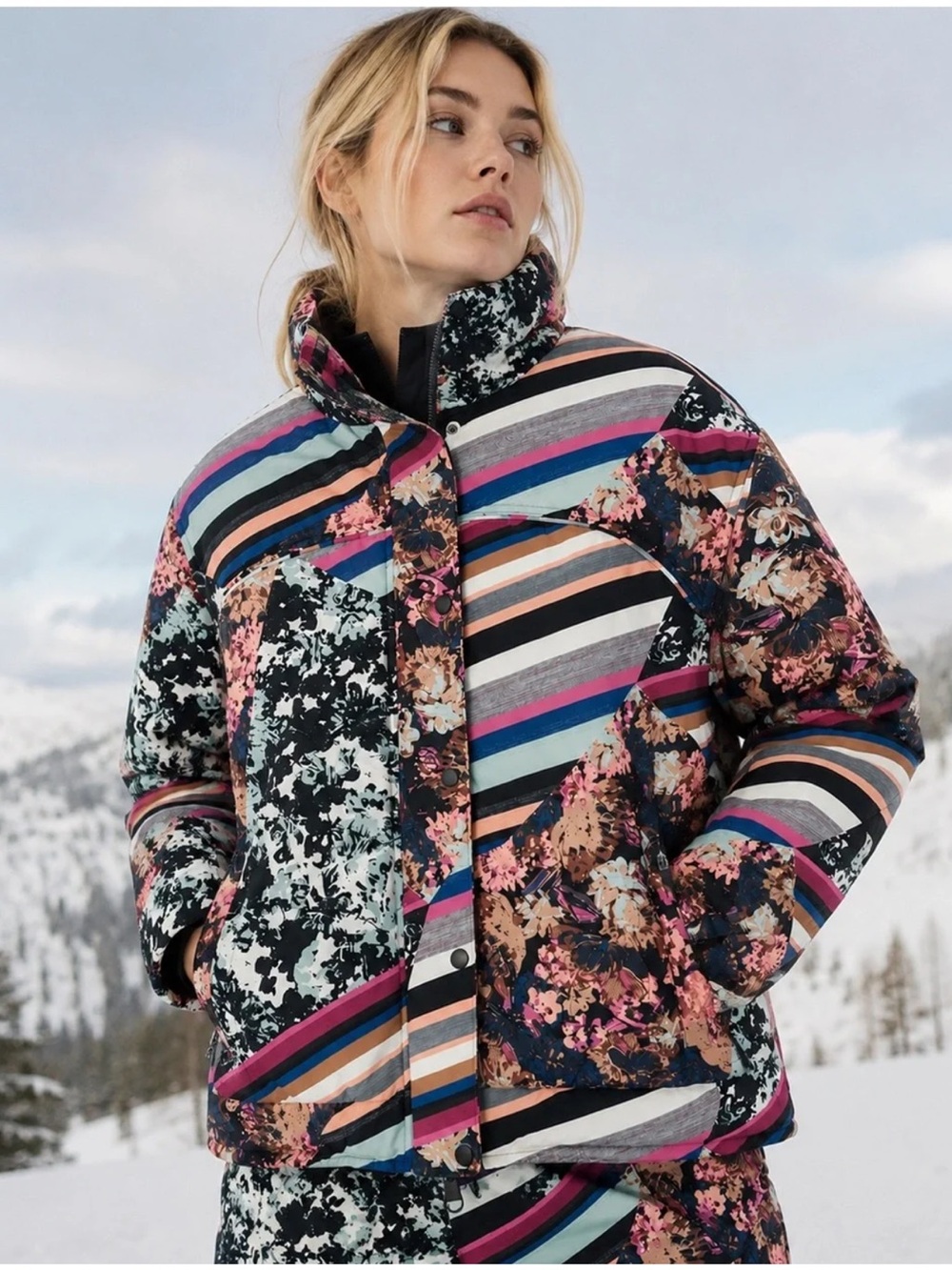 Free People Bunny Slopes Puffer Coat Jacket Womens Large Ski Diamond Combo